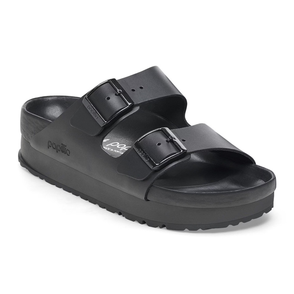 Papillio Black Leather Birkenstocks - Arizona Flex Platform